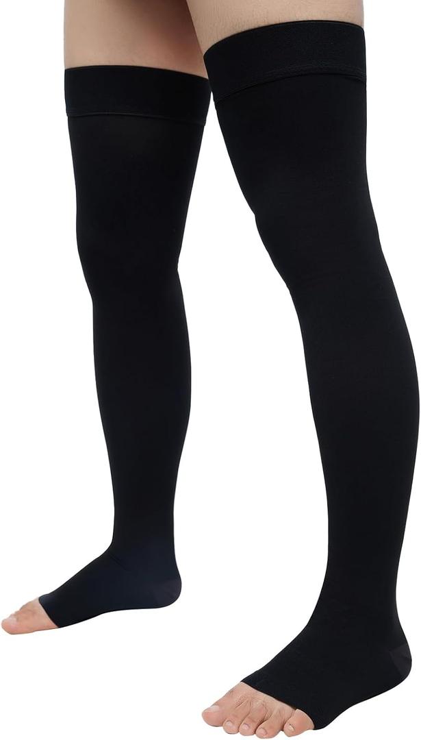 20-30 Compression Socks for Women Men, Thigh High Compression Stockings, Support Hose for Women Compression, Travel Toeless Women's Compression Socks, Light Open Toe Pregnancy Support Socks (BLACK)