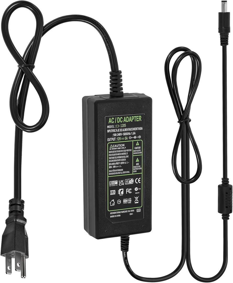 Power Supply 12V 5A,AC 100-240V to DC12V 60W Converter Adapter Driver Transformer with 5.5mm x 2.5mm Jack, US Plug for Led Strips,LCD Monitors,CCTV Camera