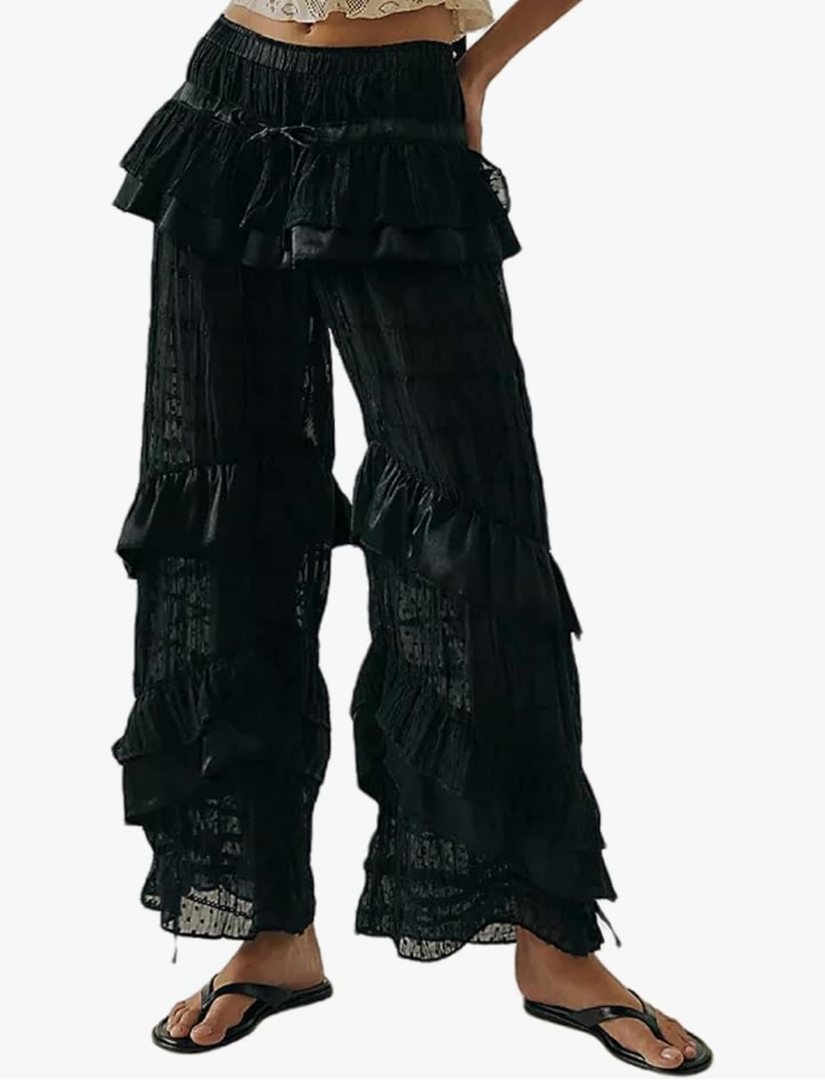 Women Lace Bloomer Pants Elastic Waist Victorian Pantaloons Ruffle Lace Trim Capris Pettipants Pajama Bottoms L