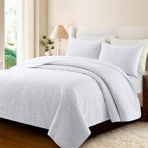 Quilt Bedding Set Size (90" x 96") + 2 Pillow Shams (20" x 29"+ 2") - 3 Pcs All Season Lightweight Reversible Microfiber Coverlet Floral Embossed Quilt Bedspread (White)