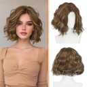 Haloo Brown Bob Wig for Women Lace Front Hairline Short Soft Wavy Curly Natural Looking Middle Part Synthetic Hair Wigs for Daily Party, 11 Inch Blonde Mixed Brown
