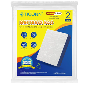 TICONN 2PK Plastic Mattress Bag for Moving Storage, Waterproof Mattress Protector Cover, Heavy-Duty Mattress Moving Supplies (1.5 mil, Queen. White)