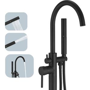 BESy Freestanding Bathtub Faucet Tub Filler Free Standing Floor Mount Stand Brass Bathroom Tub Faucets with 2 Function Hand Shower Wand Swivel, Matte Black Finish