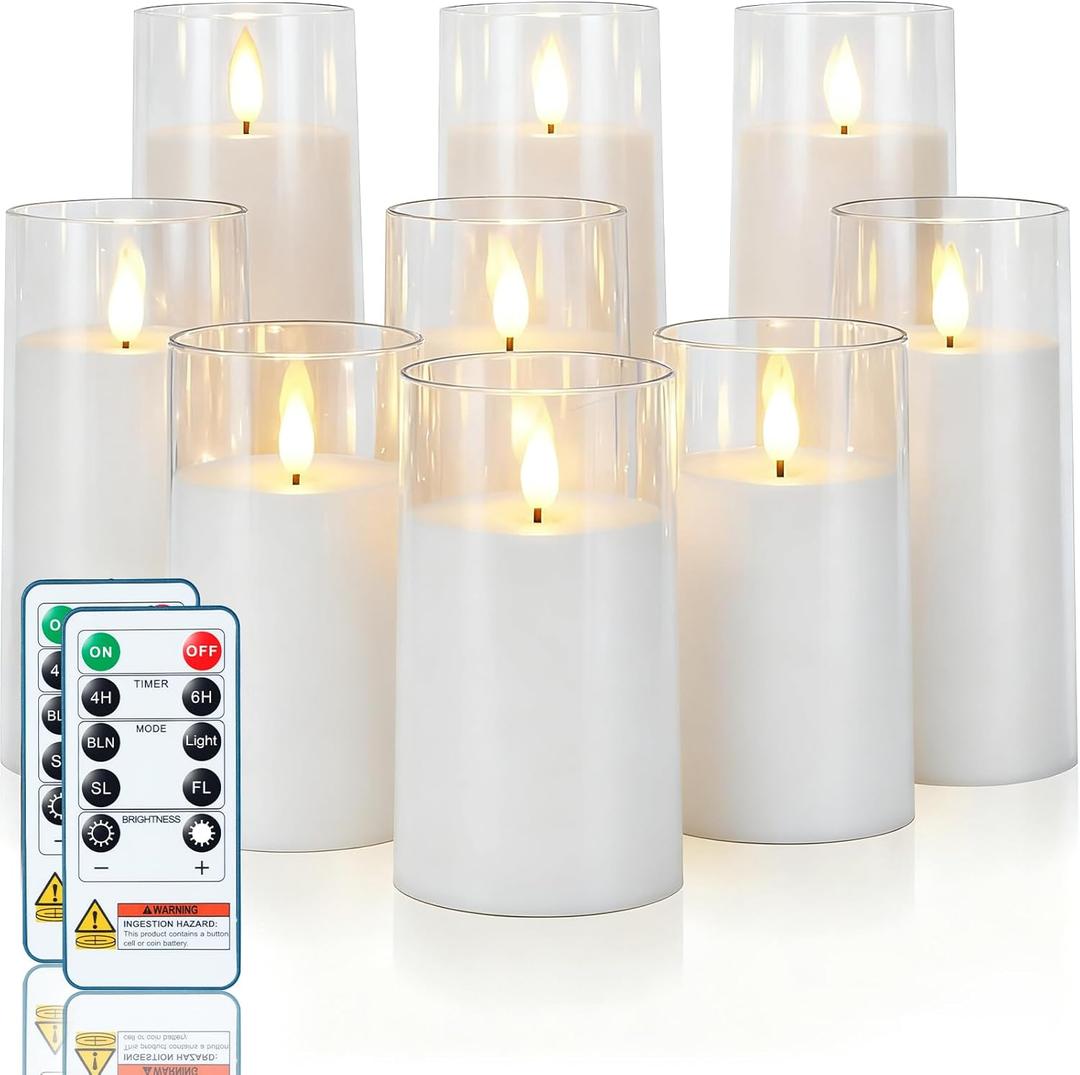 Homemory Pure White Flickering Flameless Candles, Battery Operated Acrylic LED Pillar Candles with Remote Control and Timer, Set of 9