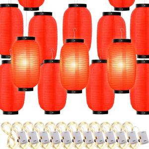48 Pcs Traditional Japanese Style Red Silk Hanging Lantern Set Including Paper Lanterns Japanese Decorations and Lights for Chinese New Year Luna Festival Party Decoration DIY Crafts