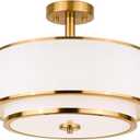 3-Light Semi Flush Mount Ceiling Light, 16" Drum Light with White Fabric Shade, Modern Close to Ceiling Lamp for Living Room Bedroom Dining Kitchen Hallway Entry (Brushed Gold)
