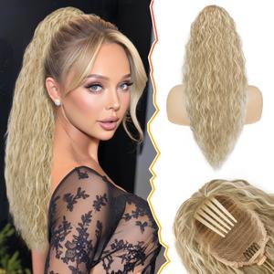 BARSDAR Curly Wavy Blonde Drawstring Ponytail Extension – 22 Inch Synthetic Comb Clip in Ponytail Hairpieces for Women, Voluminous Natural Looking Pony Tails Hair Extensions - Light Ash Blonde Mixed