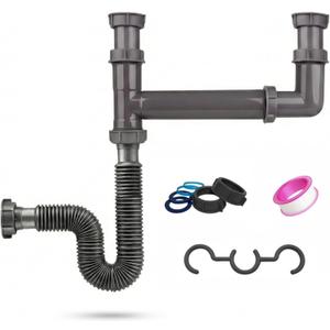 Double Bowl Kitchen Sink Drain Kit End Outlet Waste for 1-1/2 Inch Drains Adjustable Width (11" to 18") PP Tubular Plumbing with Flexible P-Trap Hose & Sealing Tape