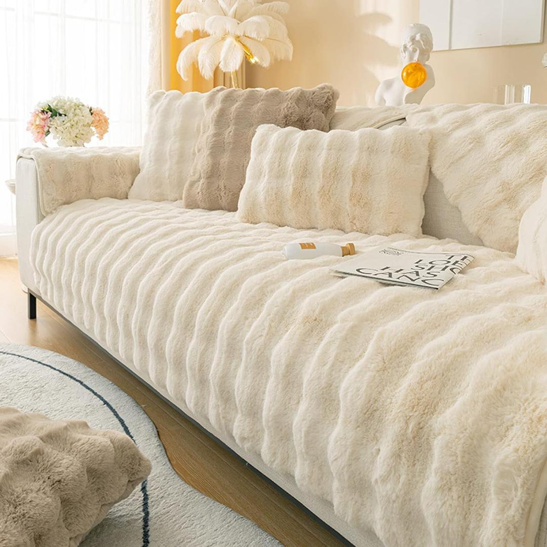 MERRYLIFE Thick Plush Faux Rabbit Fur Sofa Slipcovers 1-Piece Non-Slip Warm Soft Cozy Couch Covers Furniture Protector (Beige, Sofa Cushion 90 * 210cm)
