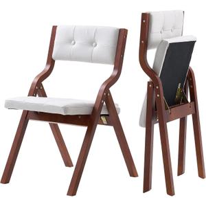 VEVOR Wooden Folding Chairs with Cushion, Set of 2, Portable Foldable Cushion Chair with Wooden Frame, Modern Padded Dining Chair for Kitchen, Office, Wedding, Party, Dining Room, Easy Assembly, White (Walnut+beige)