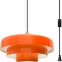Plug in Pendant Light Fixtures Mid Century Hanging Light with Plug in Cord 3-Layer Metal Shade On/Off Switch Hanging Lamp Orange Plug in Ceiling Light for Living Room Dining Bedroom Kitchen, 13.8 x 8.2 inches