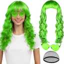 PLULON Grass Green Neon Wave Wig with Heart Sunglasses for Women, Colorful Funny Party Long Wavy Wigs with Bangs Synthetic Curly Hair for Neon Nightclubs Bachelorette Theme Party Music Festival (7.95 x 5.2 x 1.46 in)