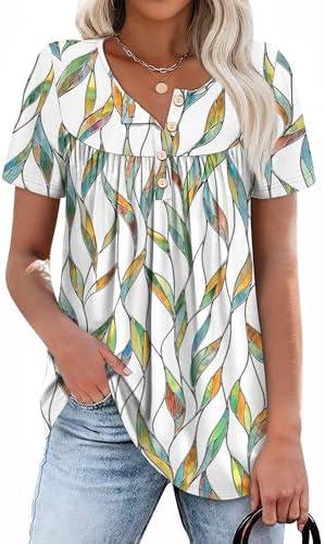 WIHOLL Womens Summer Tunic Tops Button Down Shirts Short Sleeve T-shirts Beach Vacation Clothes Spring Small