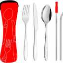 Travel Utensils Set with Case 4 Pack, Reusable Stainless Steel Portable Cutlery (Fork, Spoon, Knife, Straws & Cleaner) for Work, Dorm, Camping, Lunch Box, Compact Durable Silverware by Ecoberi (Blue-Red)