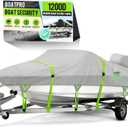 1200D Waterproof Boat Cover with Motor Cover, Solution-Dye Marine Canvas Trailerable Boat Cover 14-16ft for 14 feet 15ft 16' Foot V-Hull Bass Boat Tri-Hull Runabout Boat,Deep Gray (Length: 14'-16', Beam Width: up to 68")