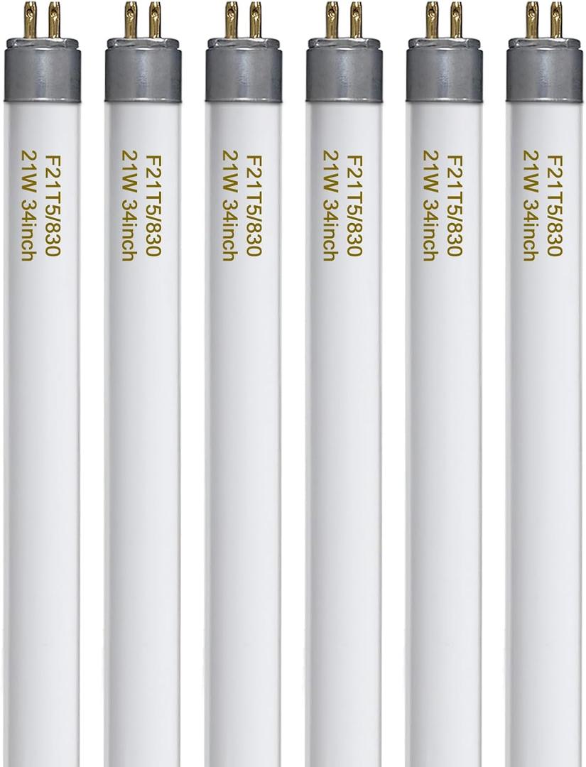 Konideke F21T5/830 21 Watt 34 Inches T5 Fluorescent Light Bulb, 3000K Warm White, 2100 Lumens, 20000 Hour Lifespan, Mini Bi-Pin Base, 6 Pack
