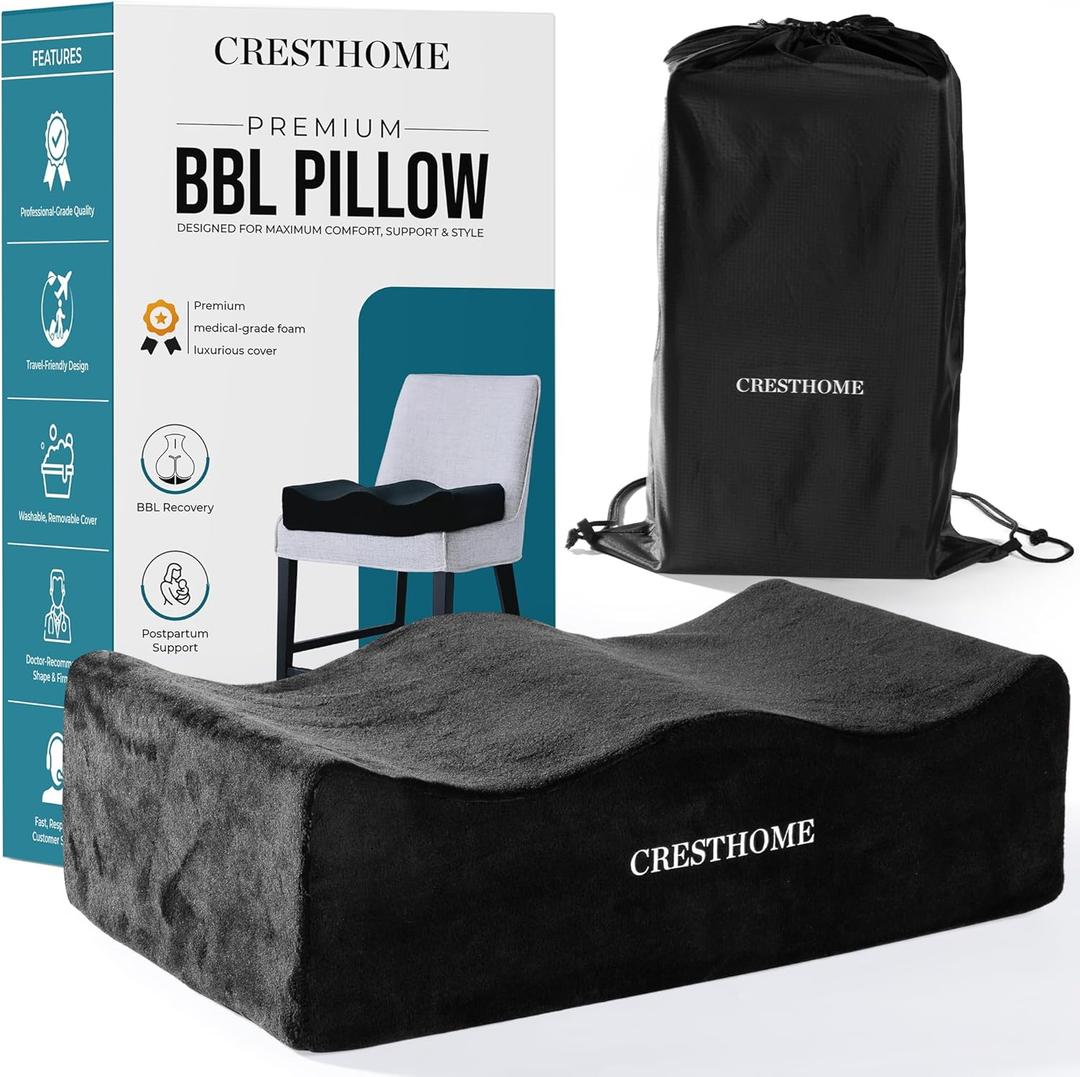 CrestHome Lightweight BBL Pillow After Surgery to Heal Faster & Protect Shape BBL Recovery Memory Foam Cushion with 250lbs Support, Velvet Cover & Non-Slip Bottom for Ultimate Comfort & Stability