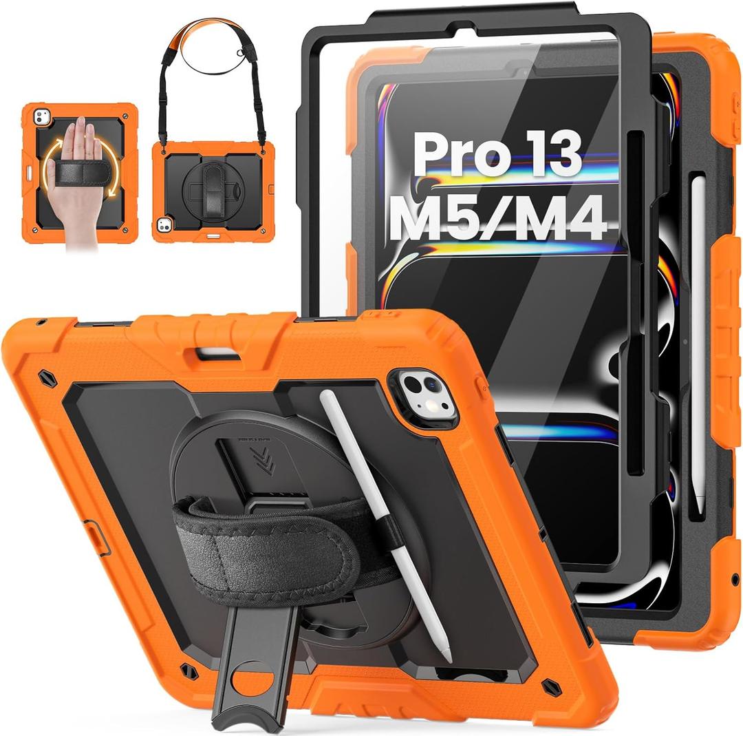 HXCASEAC for iPad Pro 13 Inch Case (M5/M4) 2025/2024, Shockproof Design with Pencil Holder, Protector, Rotating Stand, Hand Strap, Heavy Duty Protective iPad Pro13 Cover A3360 A2925 A2926, Orange