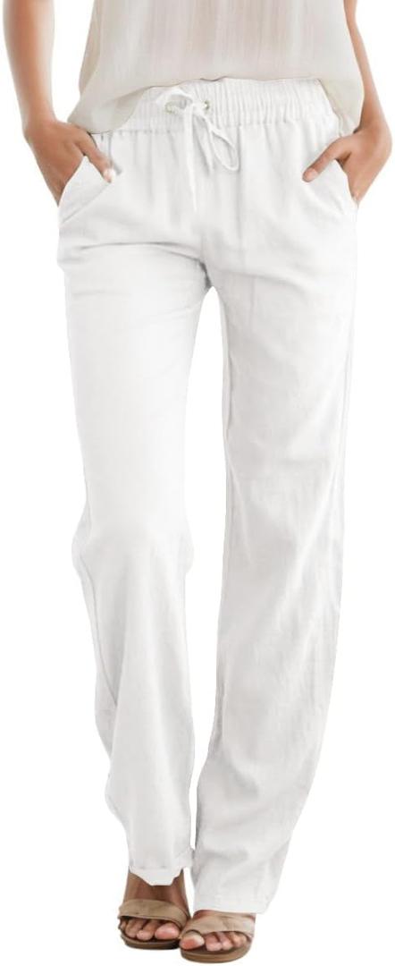 SEMARO Womens Casual Linen High Waist Pants Drawstring Loose Fit Summer Pants Trousers with Side Pockets (White, M)