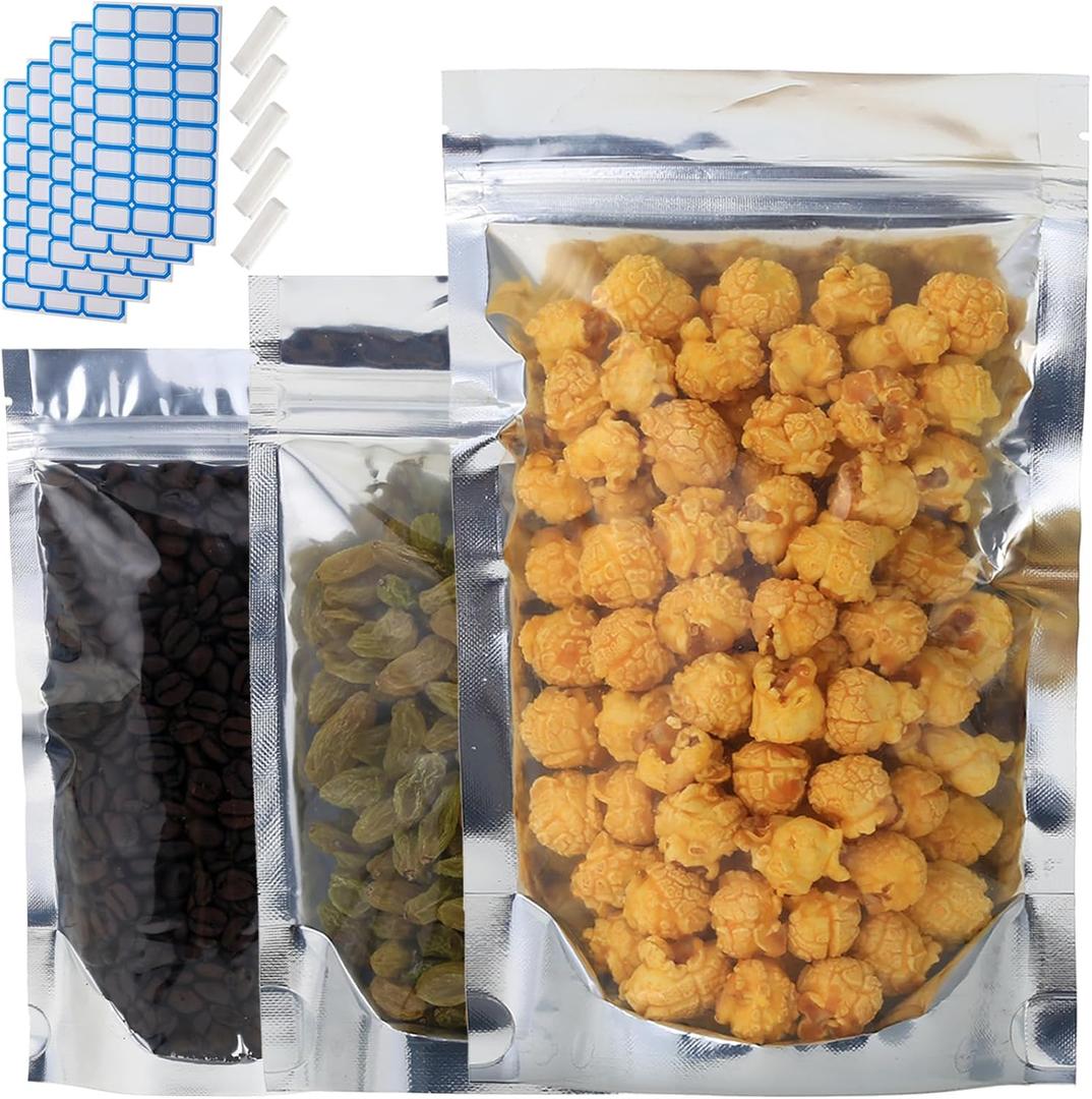100-Pack Reclosable Large Mylar Bags for Food Storage 6.3" x 9.5" Stand Up Ziplock Pouch Bags Bulk Resealable Smell Proof Aluminum Silver Foil Bags with Clear Window Kitchen Storage Edible Packaging