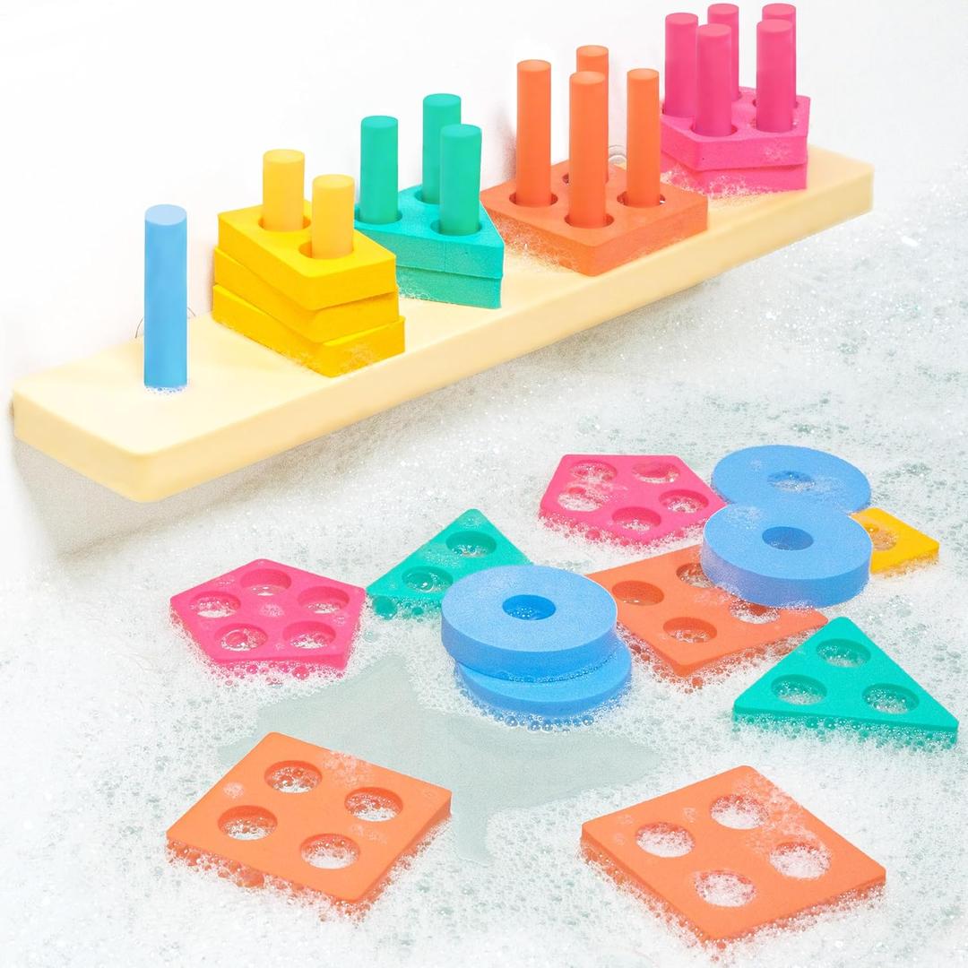 Tub Works Splash, Stack & Sort Shape Sorter & Stacking Toddler Bath Toy | 20 Foam Pieces | Color Sorting & Shape Stacking Kids Bath Toys | Floats & Sticks to Tub Walls | Early Learning Bathtub Toys