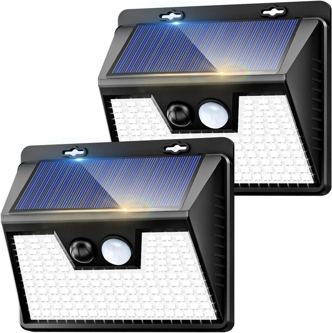 Solar Lights Outdoor 2 Pack, 140LED/3 Modes Motion Sensor Wall Lights Solar Powered, Wireless IP65 Waterproof Solar Lights Outside Bright for Deck Steps Fence Patio Front Door Pathway, White