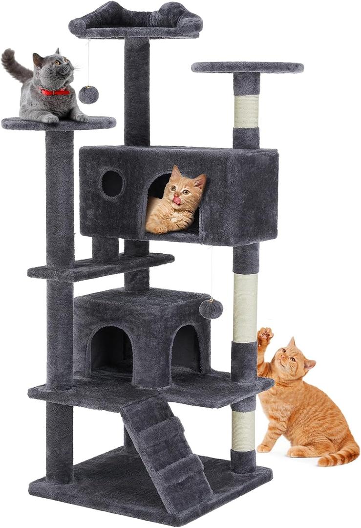 Sweetcrispy 53.94 Inch Cat Tree Tower, Multi-Level with Cat Scratching Post, Indoor Cat Condo with Climbing Ladder, Plush Toy, Play House for Cat, Dark Grey