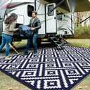 GENIMO Outdoor Rug for Patio Clearance, 10'x14' Waterproof Large Camping Mat, Reversible Plastic Straw Rugs for RV, Camper, Balcony, Backyard, Picnic, Deck (Navy Blue & White)