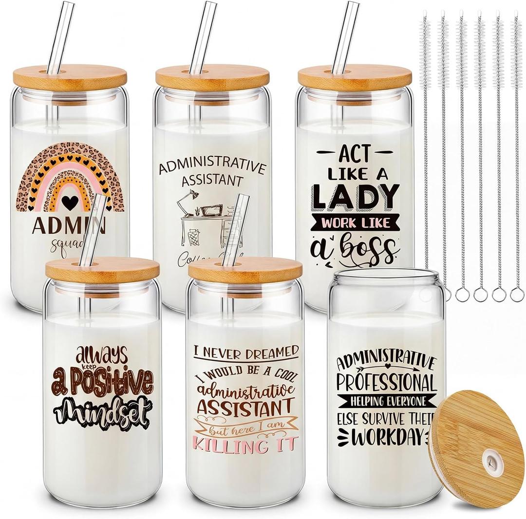 Potchen 6 Pack Administrative Professional Day Appreciation Gifts for Women 16oz Glass Cups with Lids Straws and Brushes Admin Assistant Secretary Thank You Gifts for Office Coworkers Employee