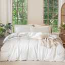 MooMee Bedding Duvet Cover Set 100% Washed Cotton Linen Like Textured Breathable Durable Soft Comfy (Solid Off White, King 104"x90")