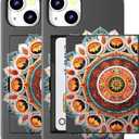 Compatible for iPhone 15 Case with Card Holder Cute - Kawaii Design Military-Grade Drop Protection Rugged Wallet Cases for Women (Black Intricate Mandala)