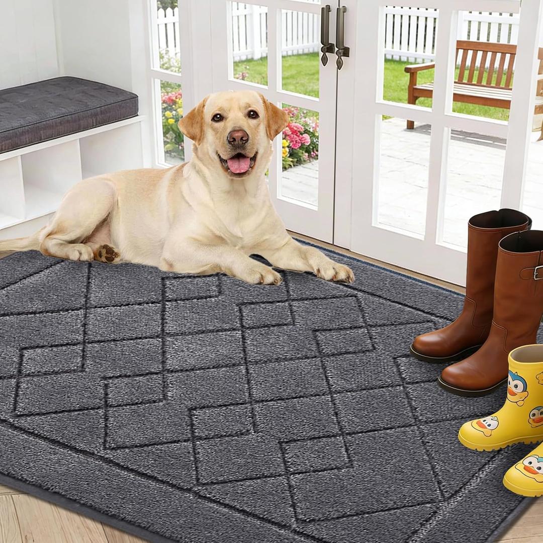 REFETONE Dirt Trapper Door Mat 32" x 40", Washable Indoor Doormat Rubber Backing Non Slip, Resist Dirt and Absorbent Entrance Mat, Low Profile Inside Floor Mats for Front Back Door and Entryway, Grey