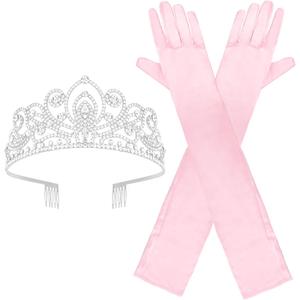 Long Satin Gloves and Crystal Tiara Crown for Bride,1920s Opera Gloves Wedding Accessories Party Decorations (Pink - Style B)