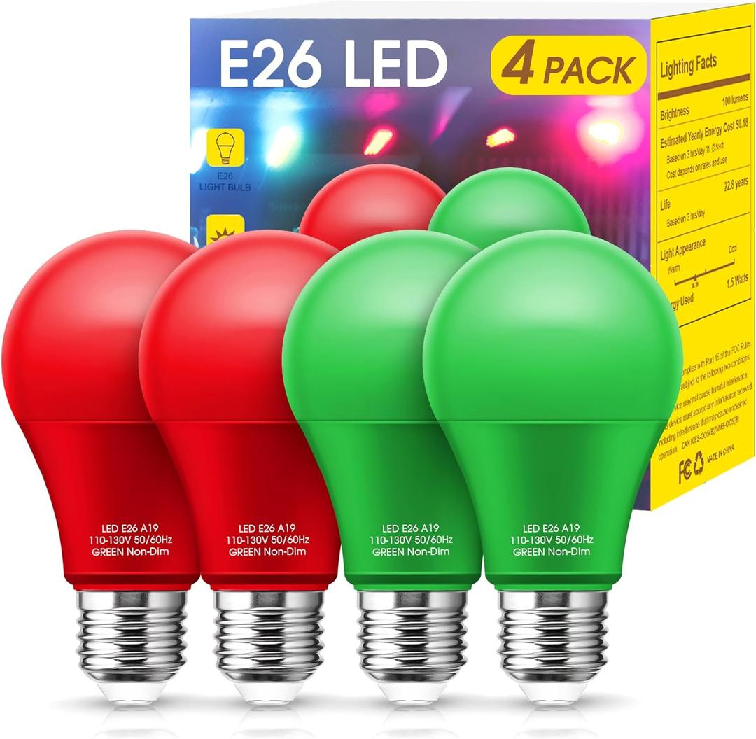 Red Light Bulbs Green Light Bulbs [4 Pack] - A19 LED Red and Green Bulbs 9W (60W Equivalent) - E26 Base Colored Light Bulb for Christmas Party Porch Decor
