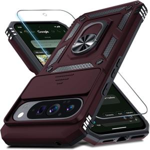 Janmitta Case Compatible with Google Pixel 10 Pro XL Built in Slide Camera Lens Cover+Screen Protector+Finger Ring Holder Kickstand, Heavy Duty Shockproof Full Body Protective Phone Cover, Wine Red