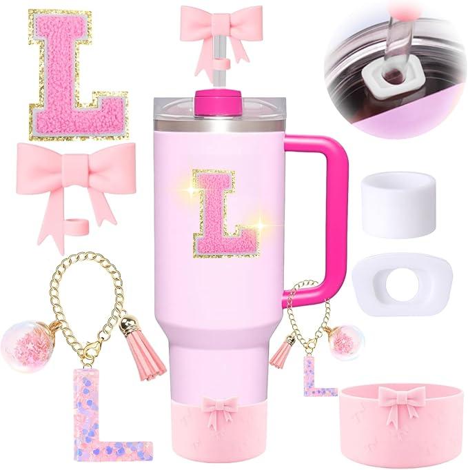 6PCS Pink Accessories for Stanley Cup, Decorations for 30/40 oz Tumbler with Handle, Includes Bow Straw Topper Cover Cap&Boot, Initials Charm, Letter Sticker, Spill Proof Stopper (Letter L)