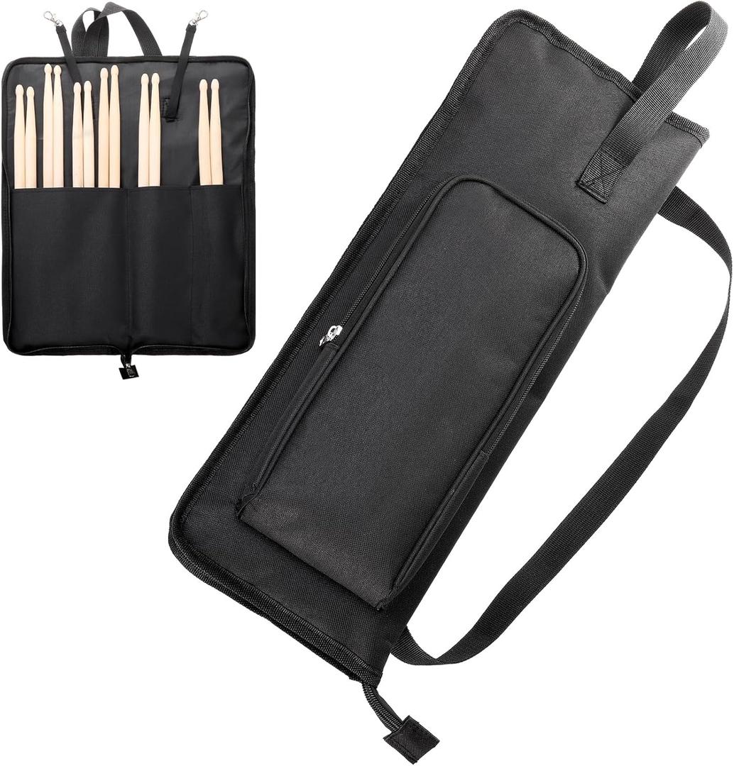 Suwimut Drumstick Bag with Crossbody Shoulder Strap, Drum Stick Bag with Large Capacity Anti-falling Pockets, Portable Hanging Drumstick Case with Metal Hooks for Drummers, Beginners in Band, Gig