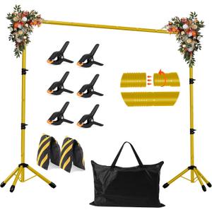 Backdrop Stand, Adjustable 10x7.5 FT Background Stand Backdrop for Parties, Photo Video Studio, Portable Photography Backdrop Stand with Carrying Bag, 6 Backdrop Clamps, and 2 Stand Bags, Gold