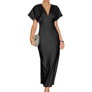 RIHOAS Midi Cocktail Dresses for Women Wedding Guest V Neck Ruffle Spring Summer A Line Formal Dress Flowy Party Gown Wedding (Black, L)