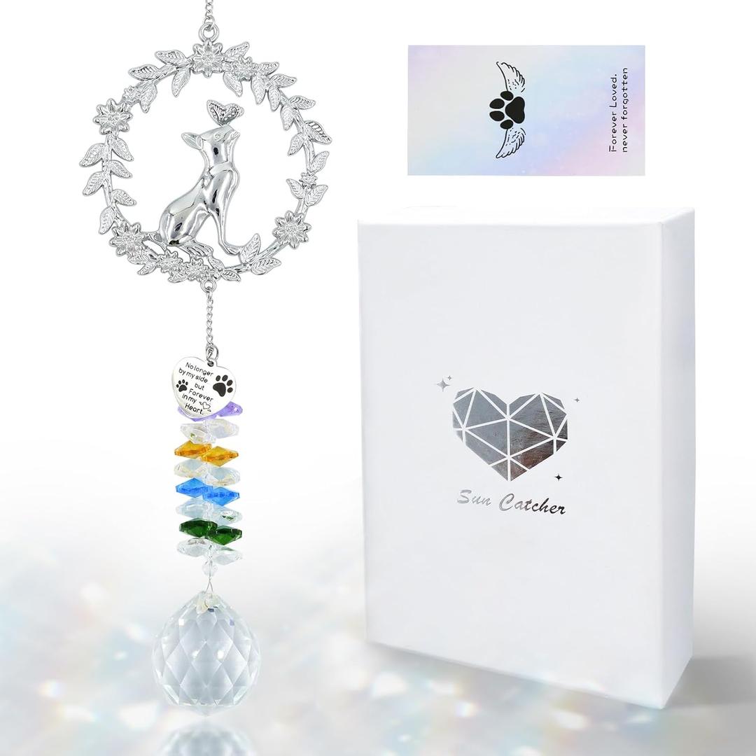 Dog Memorial Gifts for Loss of Dog, Pet Memorial Gifts, Pet Sympathy Suncatcher, Cat Death Remembrance Gift for Pet Lovers, Floral Wreaths Shaped Cat Bereavement Ornament with Sympathy Card