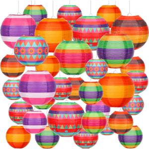 VIHOSE 34 Pcs Mexican Fiesta Hanging Paper Lanterns 7.87 Inch 5.91 Inch Colorful Cinco De Mayo Lanterns for Cinco De Mayo Day of the Dead Birthday Wedding Rainbow Mexican Party Decor