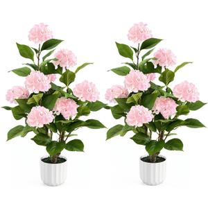 3FT Artificial Hydrangea Tree 2 Pack, Realistic Faux Hydrangea Plants in Pot with Pink Flowers, Lifelike Faux Greenery Home Indoor Outdoor Front Porch Garden or Wedding, Pink