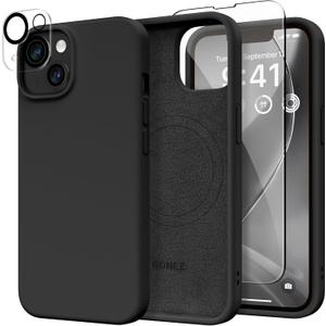 GONEZ Magnetic for iPhone 14 Case, Compatible with Magsafe, with Screen Protector + Camera Protector, Anti-Scratch Microfiber Lining, Liquid Silicone Shockproof Protective Phone Case, Black