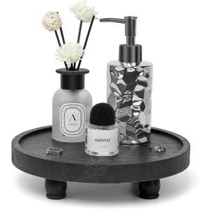 Tikea Farmhouse Wood Display Riser, 10 in. Farmhouse Pedestal Stand for Living Room Kitchen Bathroom Counter Decor, Round Display Tray for Coffee and Soap Dispenser (Black)