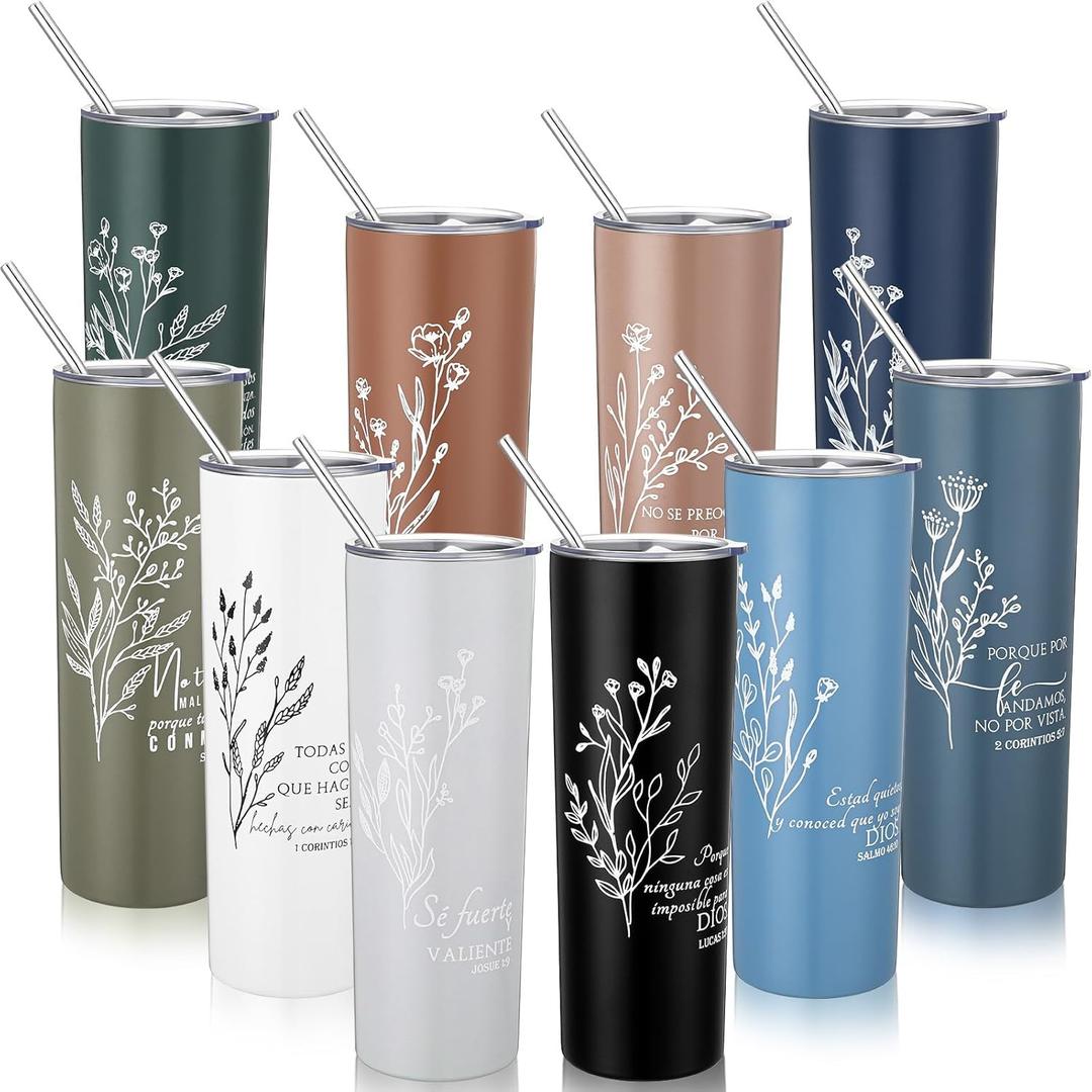 Patelai 10 Pcs Christian Valentine Gifts Spanish Christian Tumblers Bulk for Church Women Men, 20oz Bible Verse Cups with Lids and Straw Religious Coffee Mugs Sunday School Teachers
