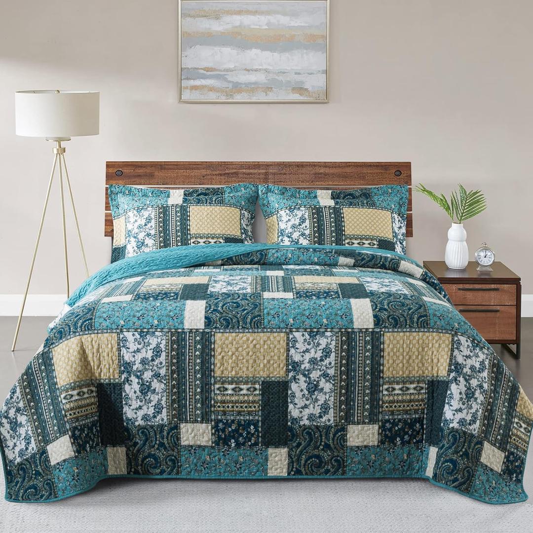 VAPUTAR Quilts Queen Size - 3 Piece Cotton Quilted Bedspread Coverlet, Soft Lightweight Quilted Bedding Set, Patchwork Boho Quilt with Pillowcovers Suitable for All Season and Room Decor (Dream Blue) (Queen (90"  98"))