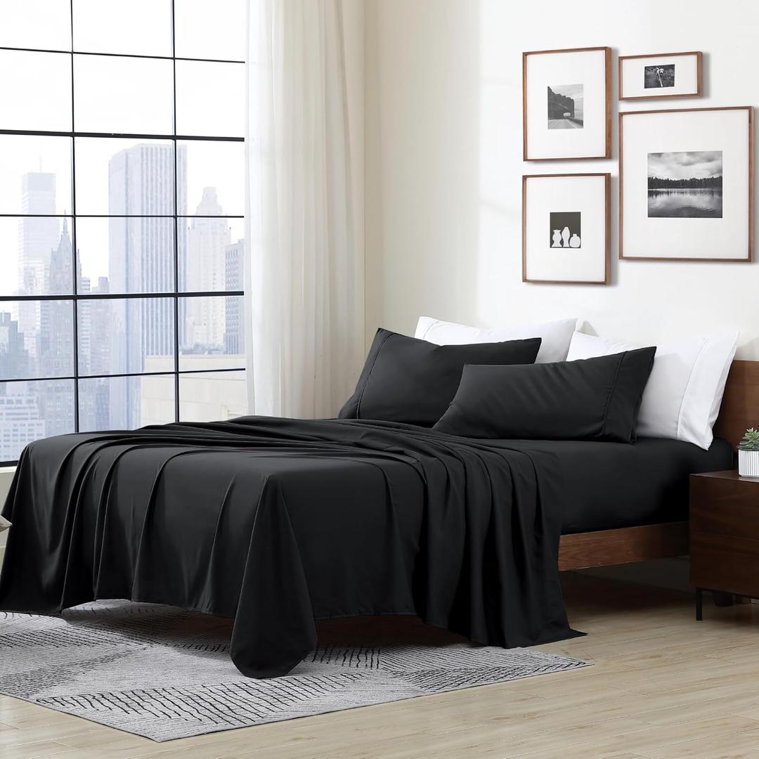 Cathay Home Essentials Ultra Soft Hypoallergenic Wrinkle Resistant Double Brushed Microfiber Bedding Sheet Set, Black, Twin