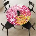 Pink Yellow Round Fitted Tablecloth Elastic Edged Floral Table Cover Waterproof Wipeable Table Cloth Tablecloth Fits Tables up to 36"-44"