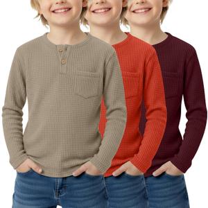 3 Pack Boy's Henley Long Sleeve Shirts Waffle Thermal Tops 5-14 Years Kids Casual Sport Sweatshirts with Pocket (7-8 Years, Khaki, Light Pumpkin, Wine Red)