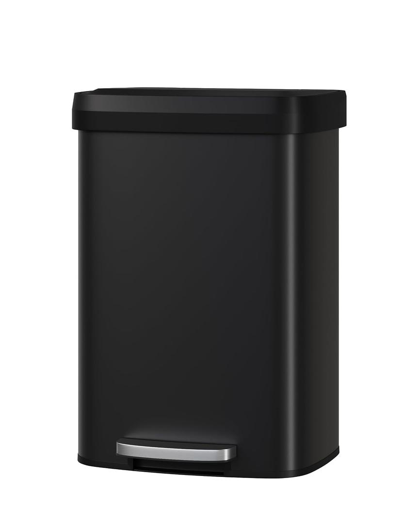 Garvee 13 gal / 50 L Metal Trash Can with Lid, Large Garbage Can for Kitchen, Rustproof Step-on Kitchen Metal Trash Bin with Liner Rim, Rear Handle, Soft Close Plastic Lid, Black